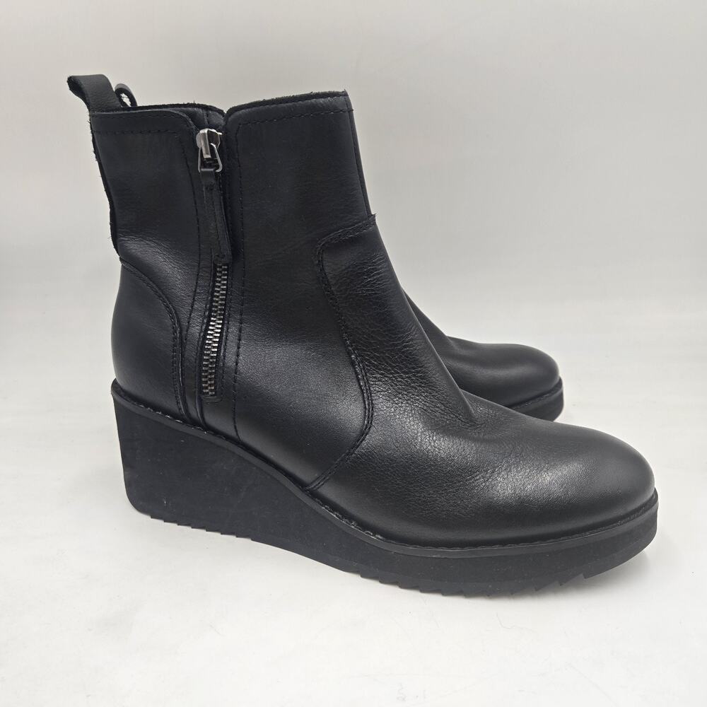 Earth Cardinal Black Leather 3" Wedge Heel Ankle Boots 9 M Side Zip Comfort